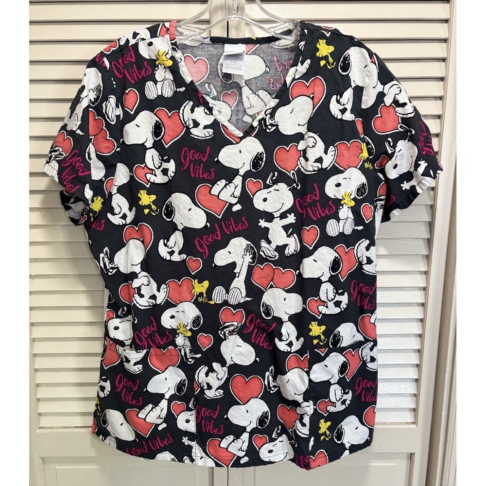 Peanuts Scrub Top Snoopy Graphic V-neck Pockets Medical Size Large
